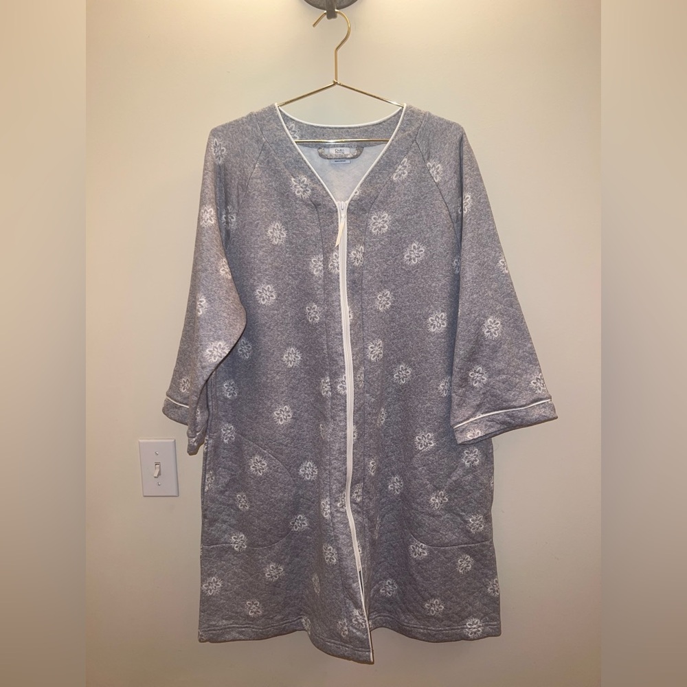 Croft & Barrow Zip Front Lounge Sleep Dress Gray Floral Size L NWT